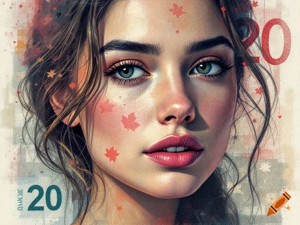 A woman's face is overlaid with maple leaves and the number '20', creating a design that resembles a currency bill.