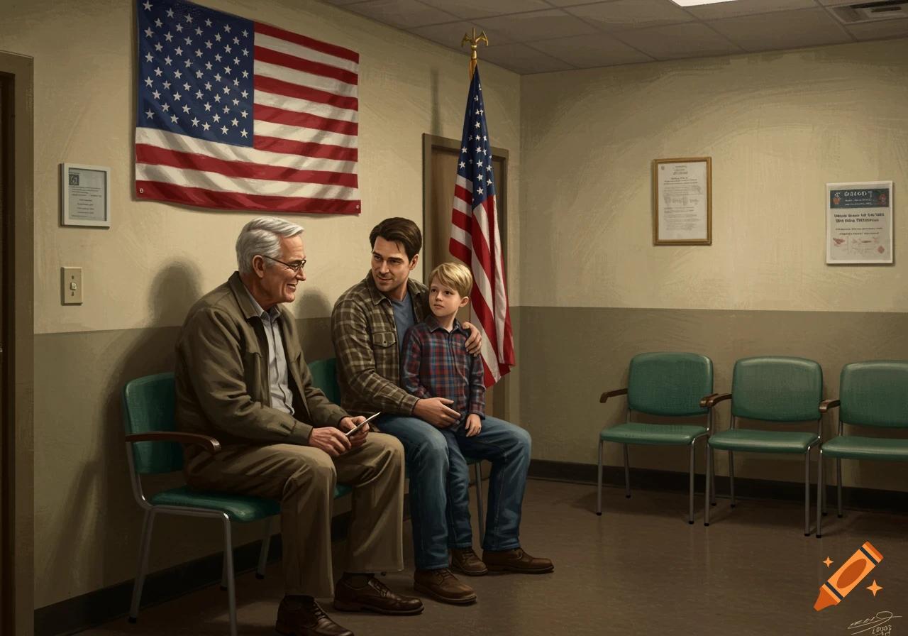 Older man, father, and son sit in a waiting room with US flags.