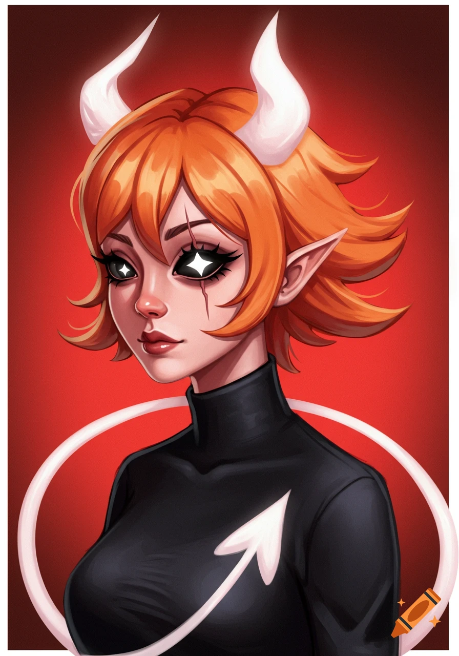 Stylized portrait of a character with orange hair, white horns, black eyes with stars, scar, and a white tail symbol.