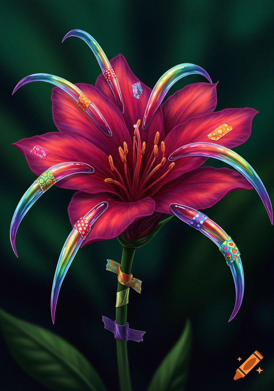 A red flower with rainbow claw-like petals and colorful band-aids.