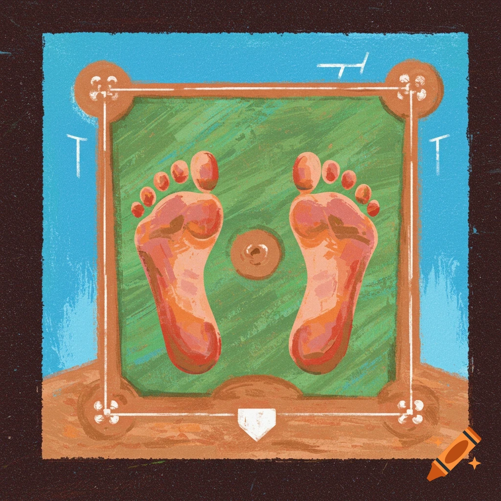 Bare foot imprints on a baseball diamond.