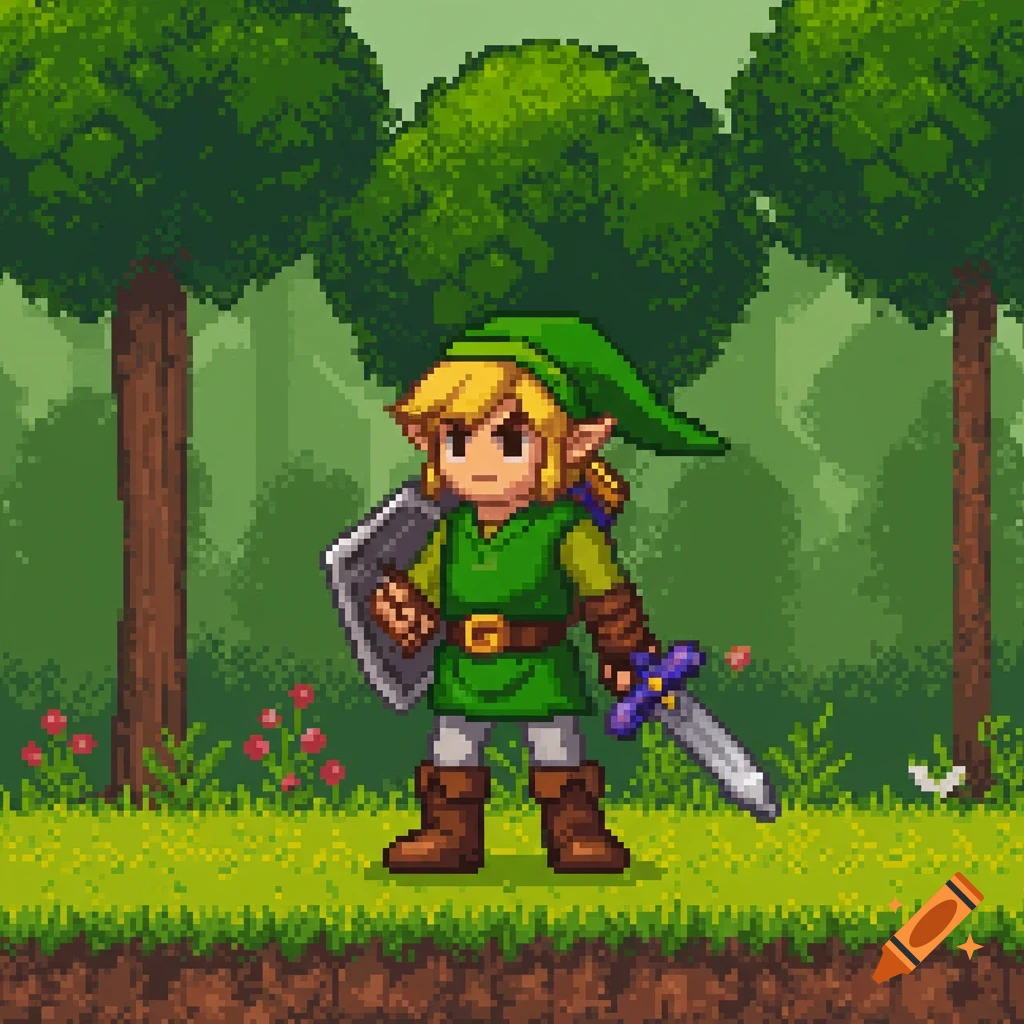 16-bit pixel art of a character resembling Link standing in a forest.