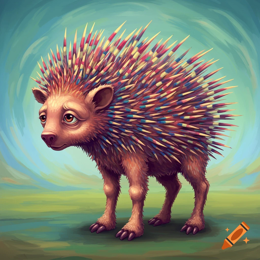 A fantastical porcupine creature with colorful quills stands in a landscape