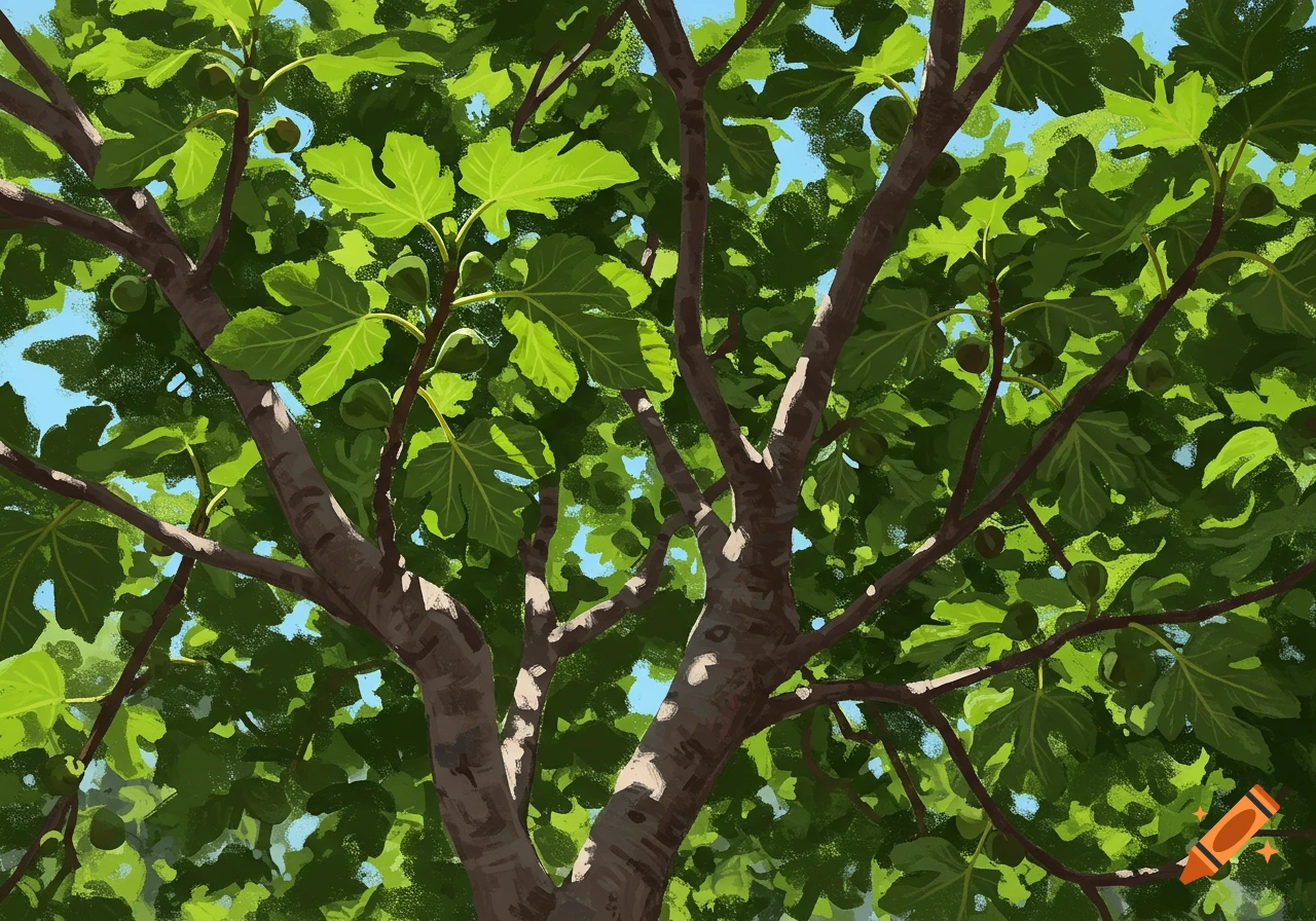 A fig tree on a summer day, viewed from below.