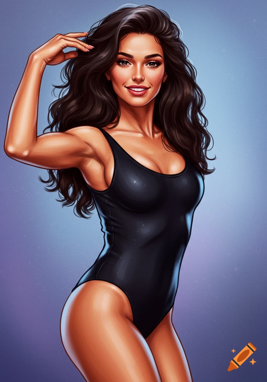 A smiling brunette woman in a black leotard, flexing her arm.