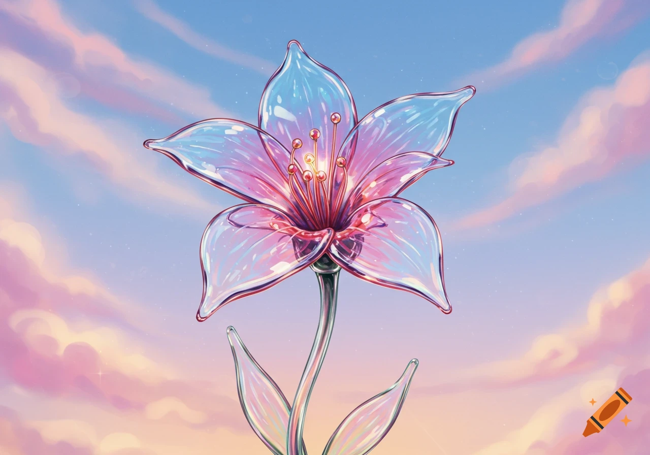 A translucent glass flower with pink and blue petals against a pastel sky with clouds.