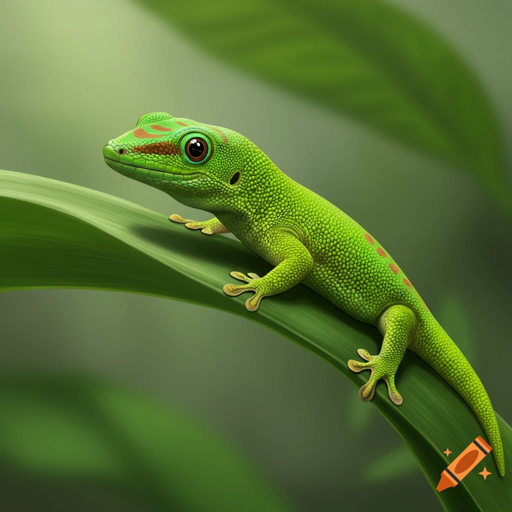 A green gecko sits on a large green leaf.