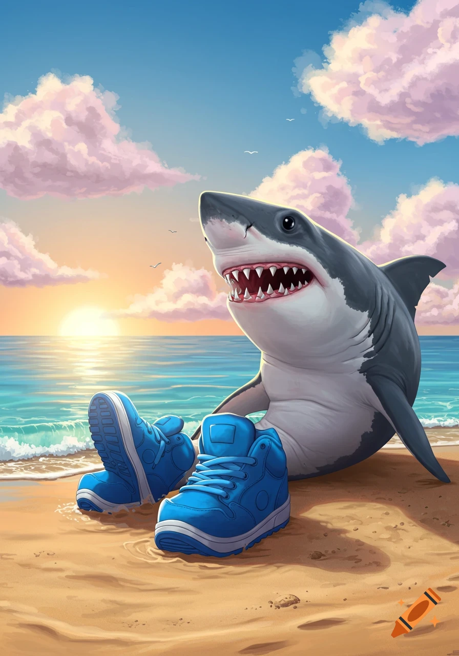 A shark wearing blue sneakers sits on a beach at sunset.