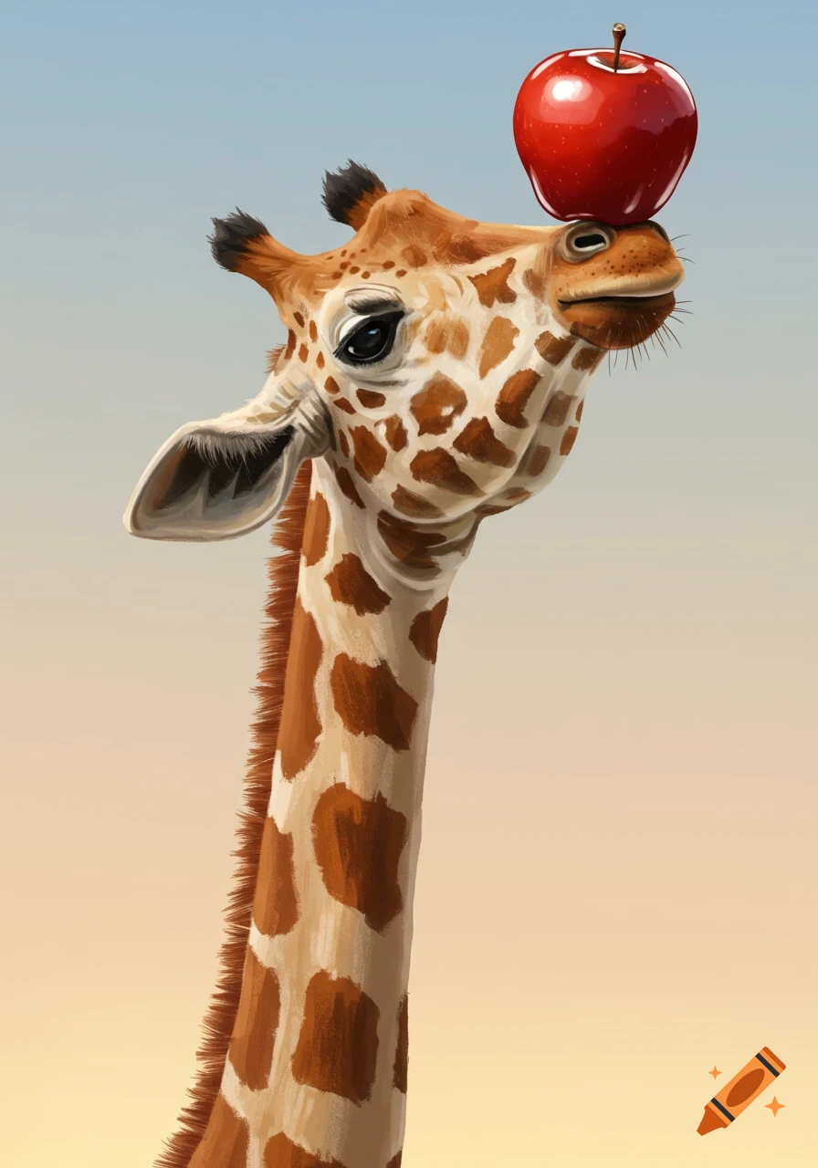 A giraffe balances a red apple on its nose.