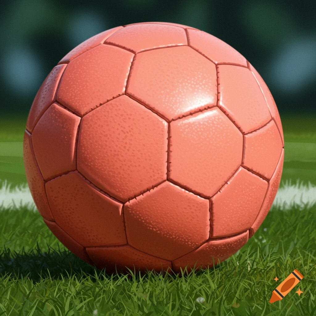 Close-up of a salmon-colored soccer ball resting on green grass.