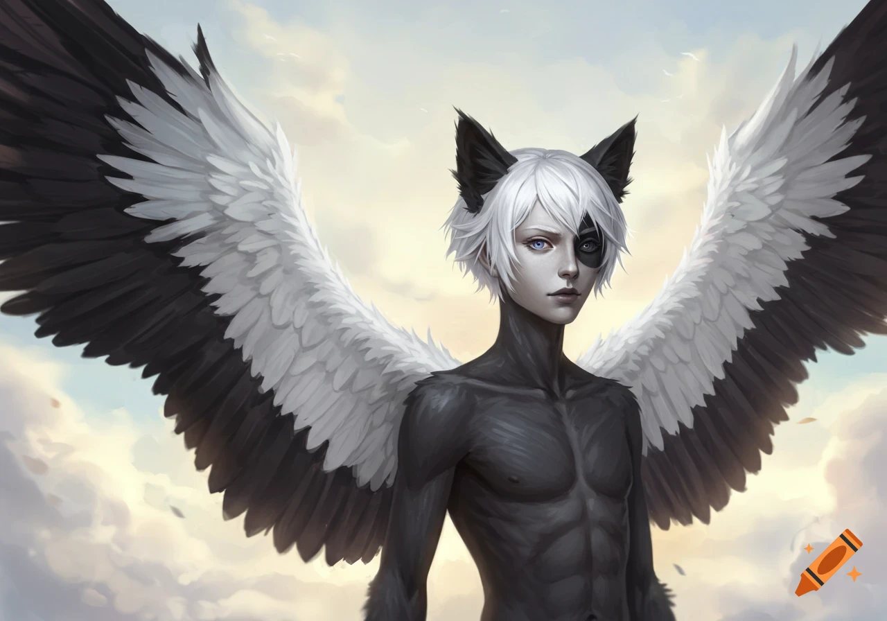 A white-haired human-animal hybrid with large black and white wings.
