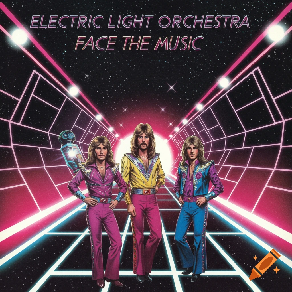 Three men in retro suits in a space grid tunnel with text 'Electric Light Orchestra Face the Music'.