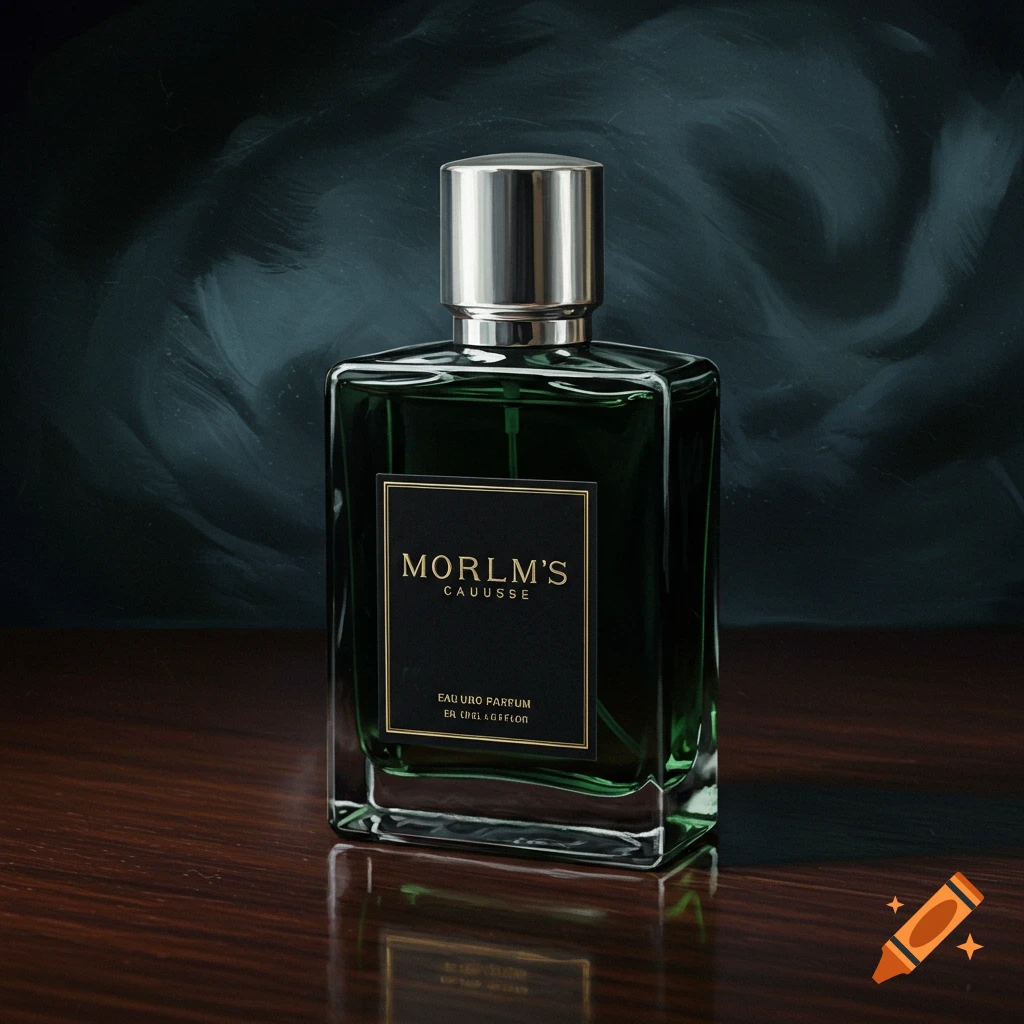 A dark green cologne bottle sits on a wooden table, against a dark background.