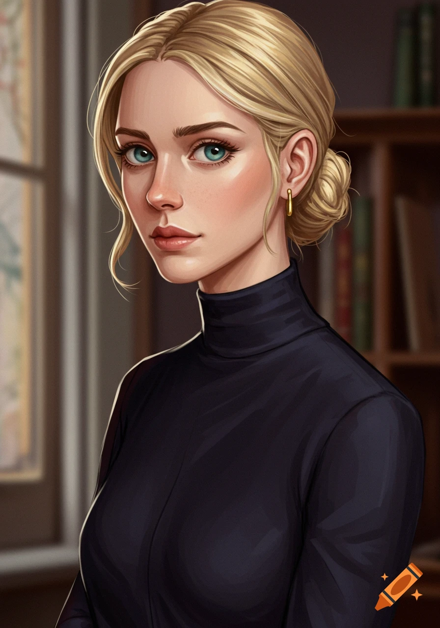 A blonde woman with blue eyes and a bun wearing a black turtleneck.