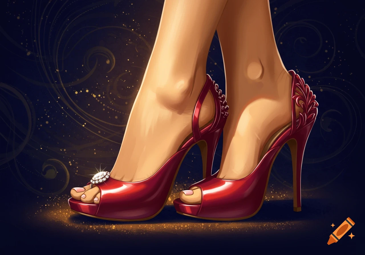 Feet in red high heels with a toe ring.