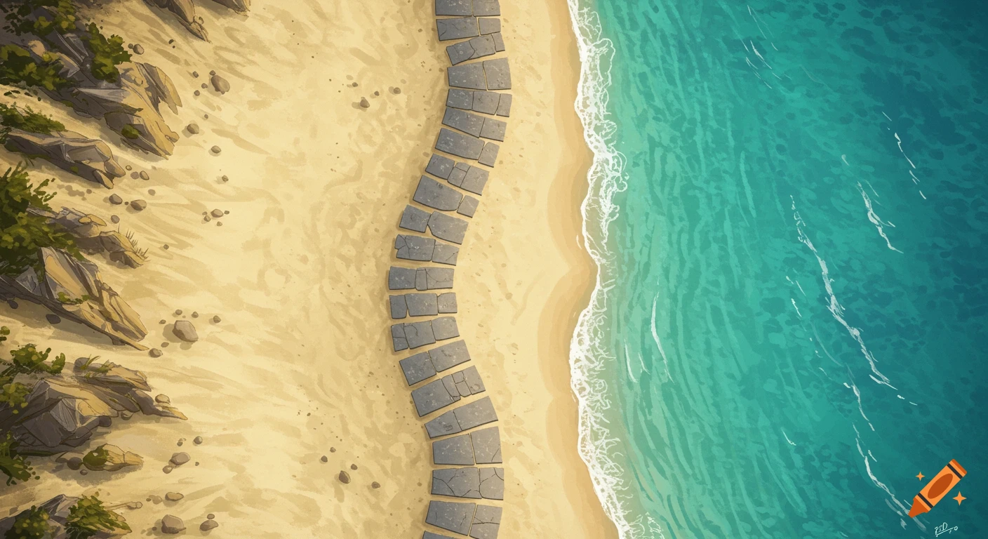 Map view of a beach with a winding stone path leading to the sea.