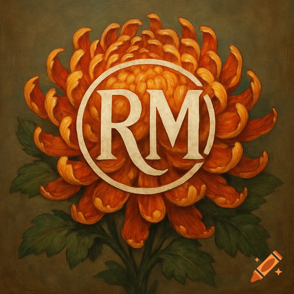 An orange chrysanthemum with a white circle containing the letters RM as a logo.
