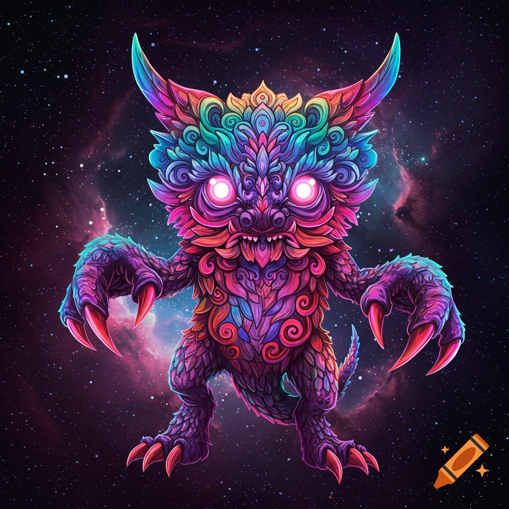 A colorful, intricate monster with glowing eyes in space.