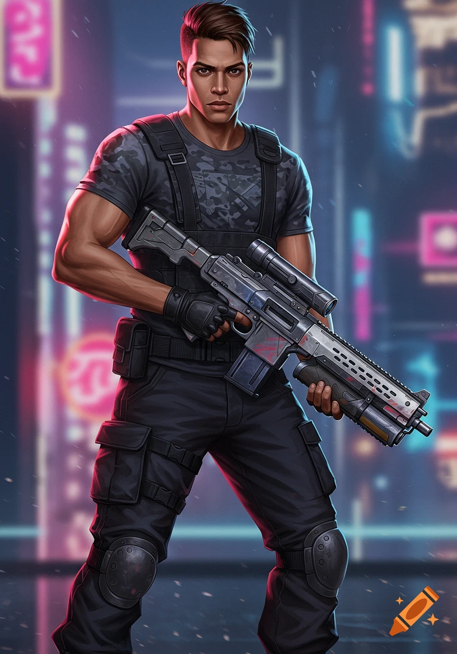 A man in tactical gear holding a rifle in a neon city.