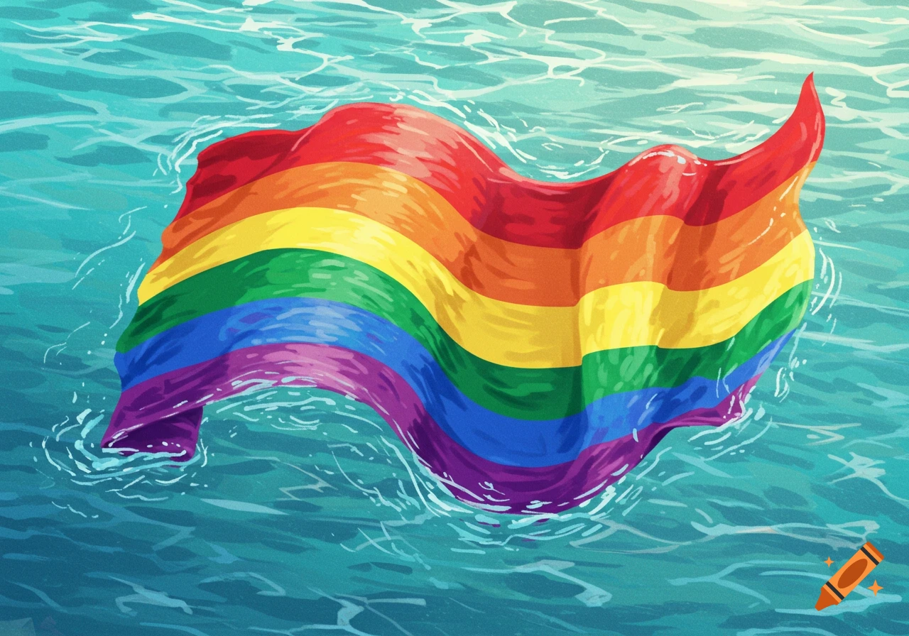 A rainbow Pride flag floating in blue water.