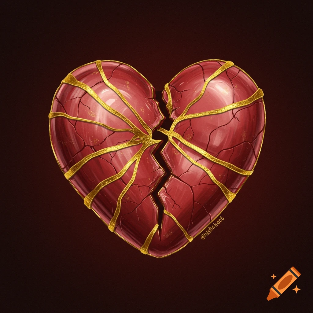 A broken red heart repaired with gold Kintsugi bands on a dark background.