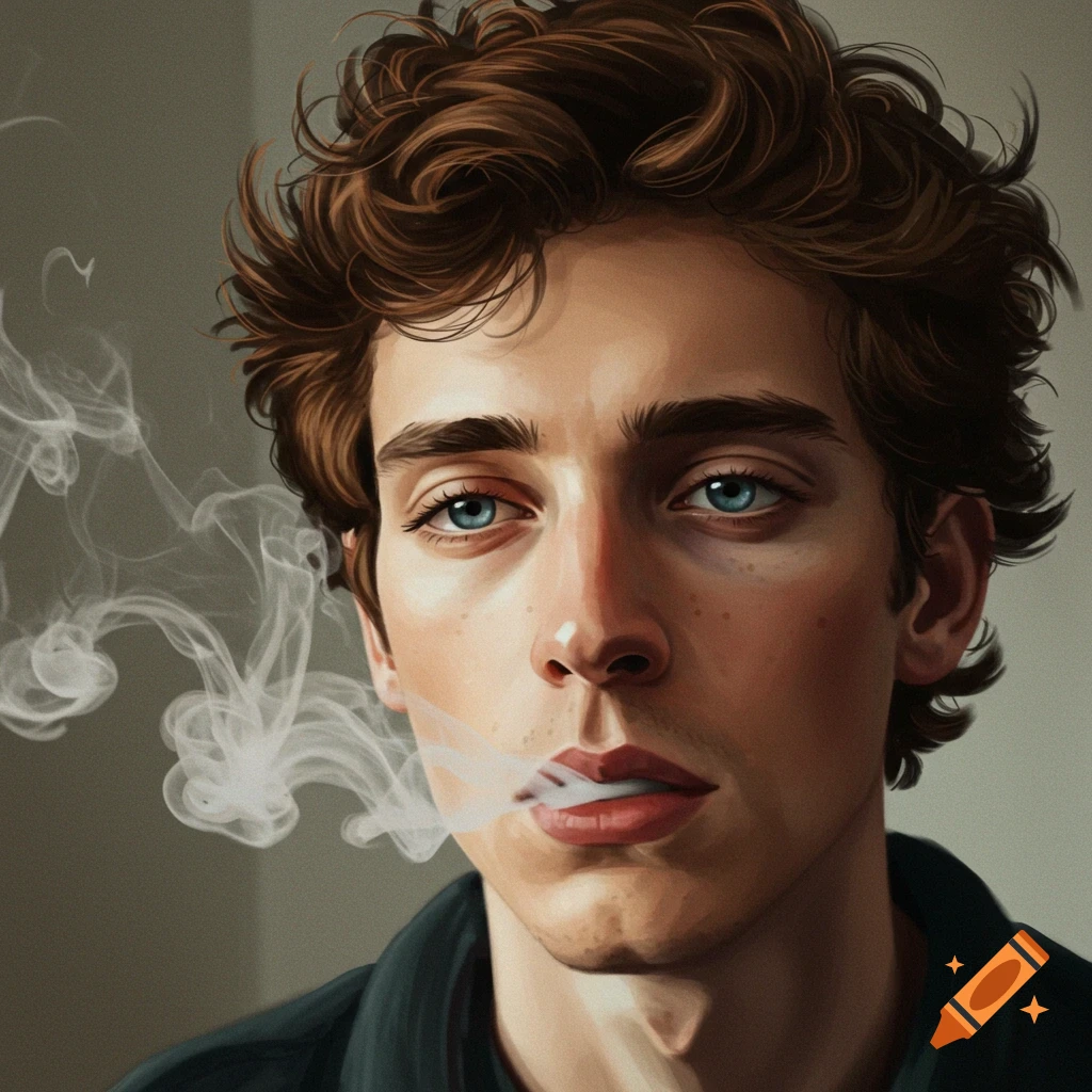 A man with brown hair and blue eyes smoking.