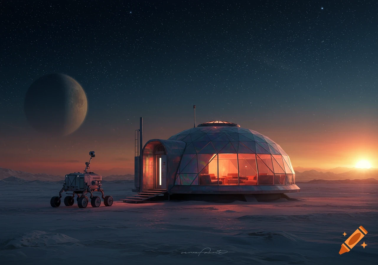 A geodesic dome base and rover are on a planet surface under a starry sky with a large moon.
