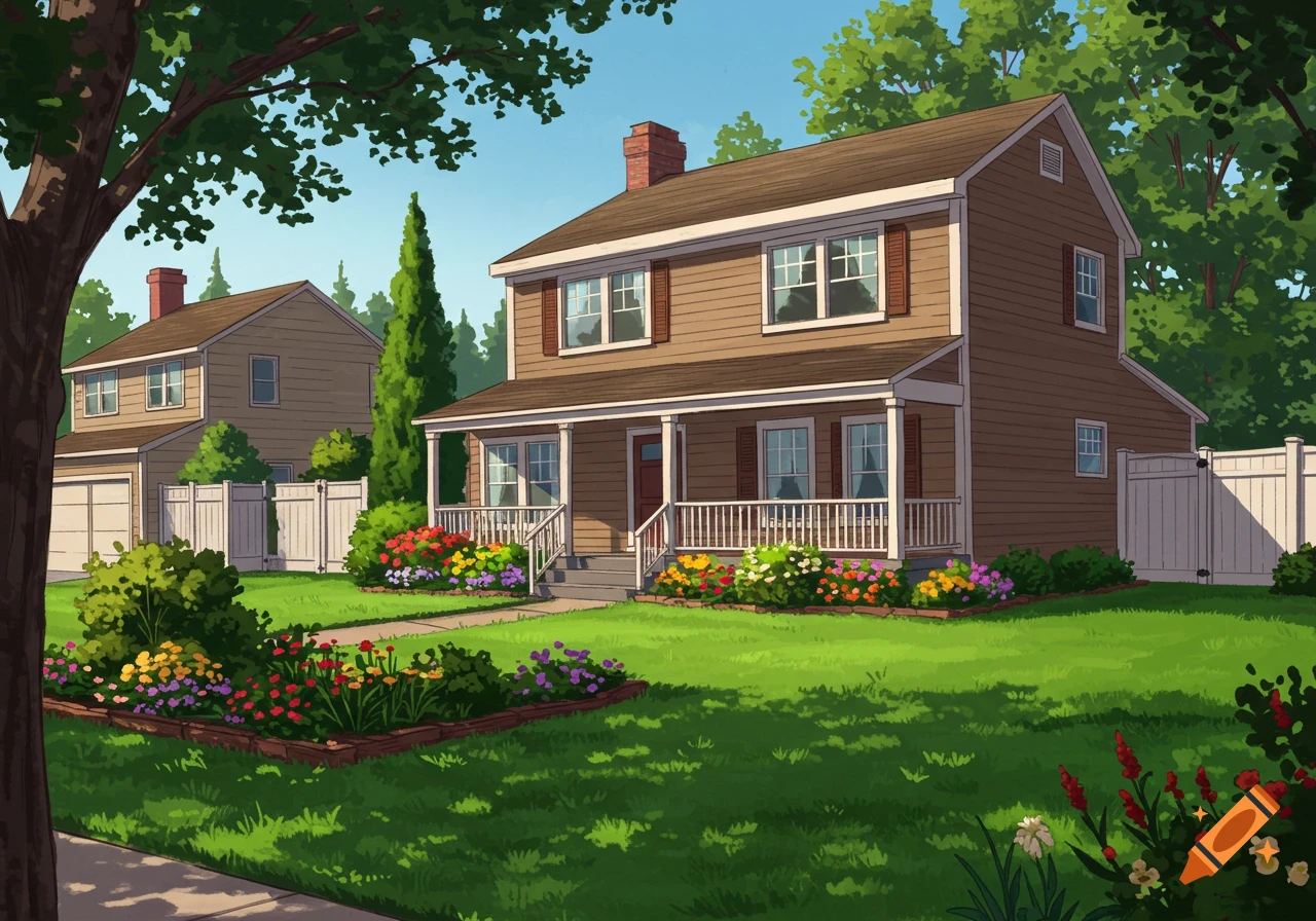 a suburban front yard with houses and gardens