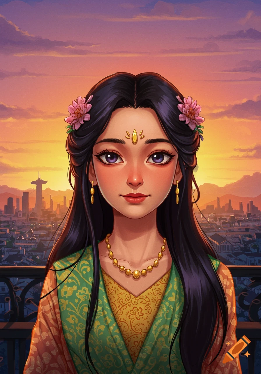 Portrait of a young girl with dark hair, adorned with flowers and jewelry, wearing traditional clothing, set against a vibrant city skyline at sunset.