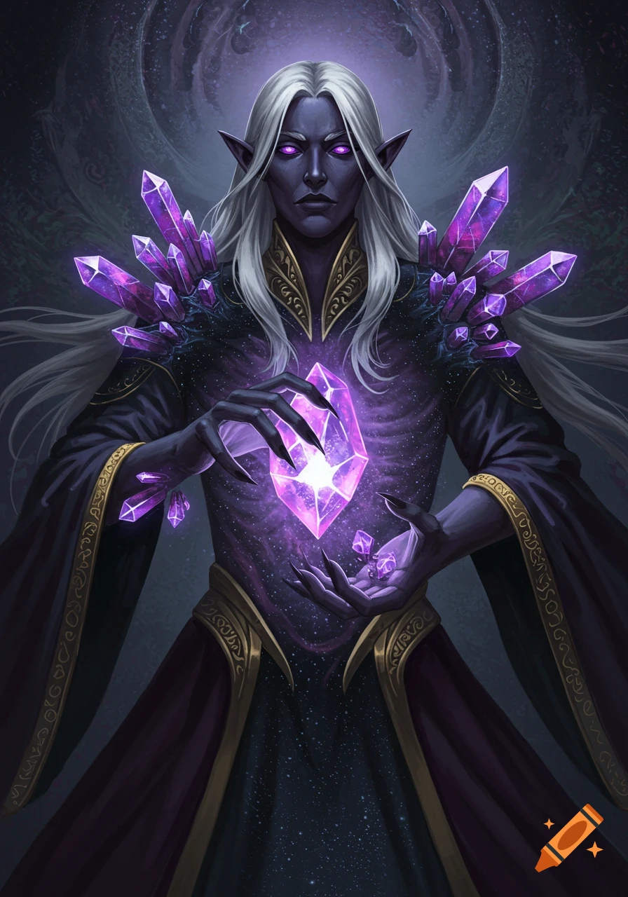A dark fantasy figure holds a glowing purple crystal, adorned with crystals.