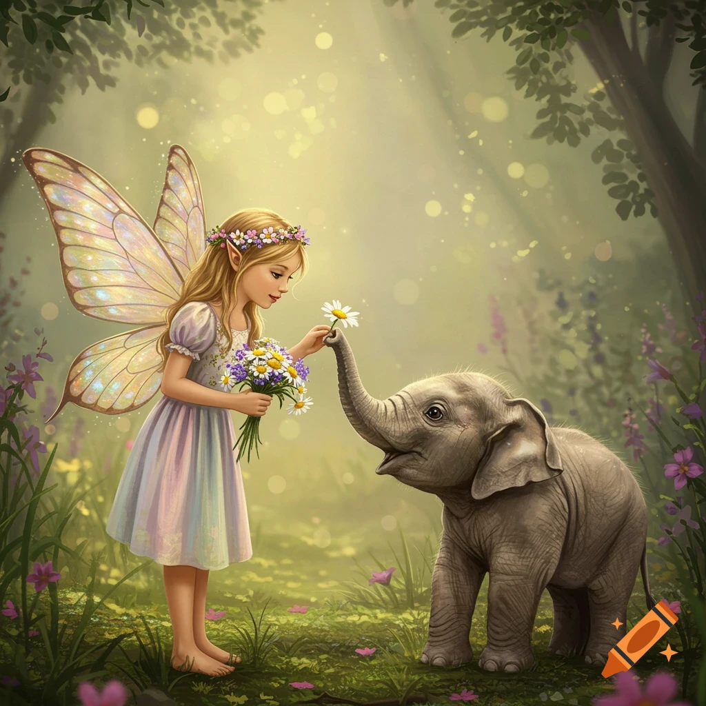 A fairy girl with butterfly wings offers a flower to a baby elephant in a whimsical forest.