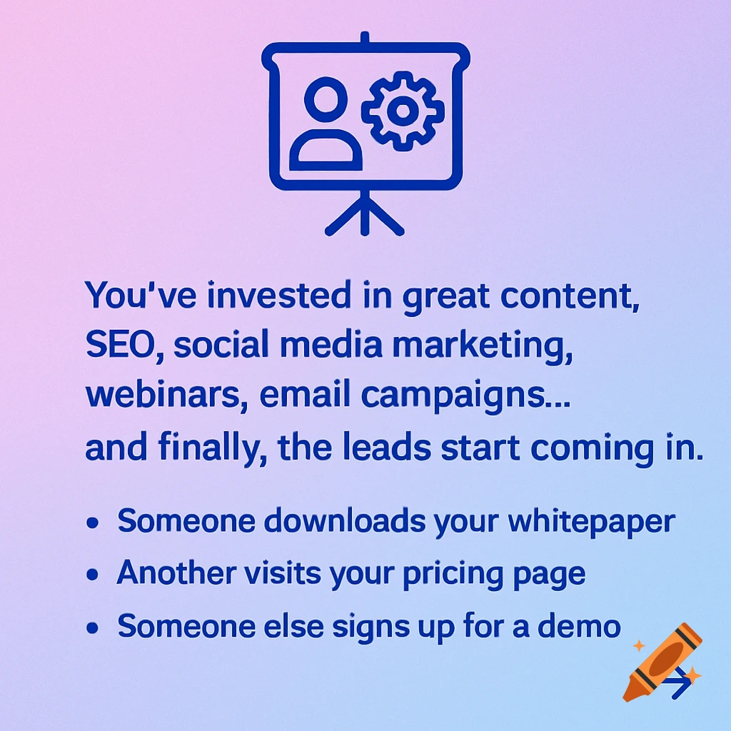 Text about lead generation with a presentation icon on a gradient background.