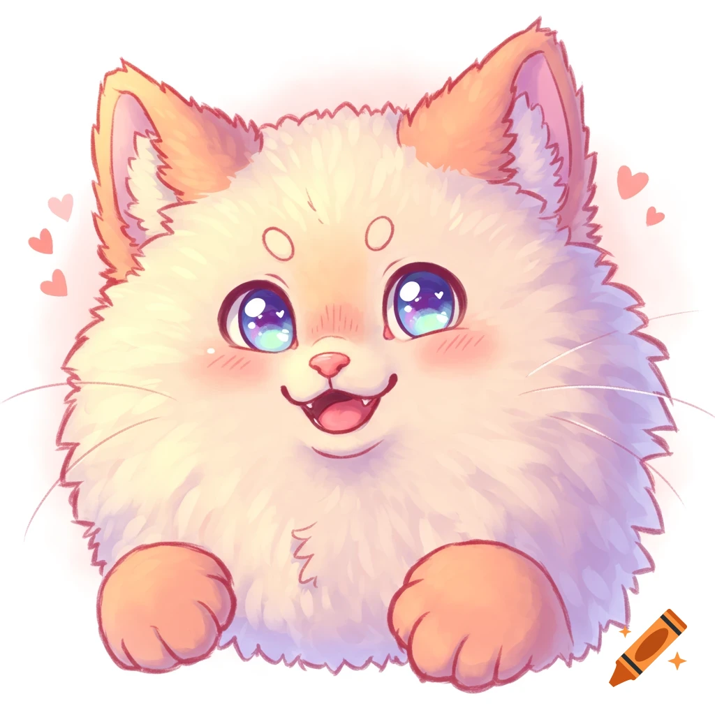 Cute anime drawing of a fluffy feline character with big eyes and hearts.