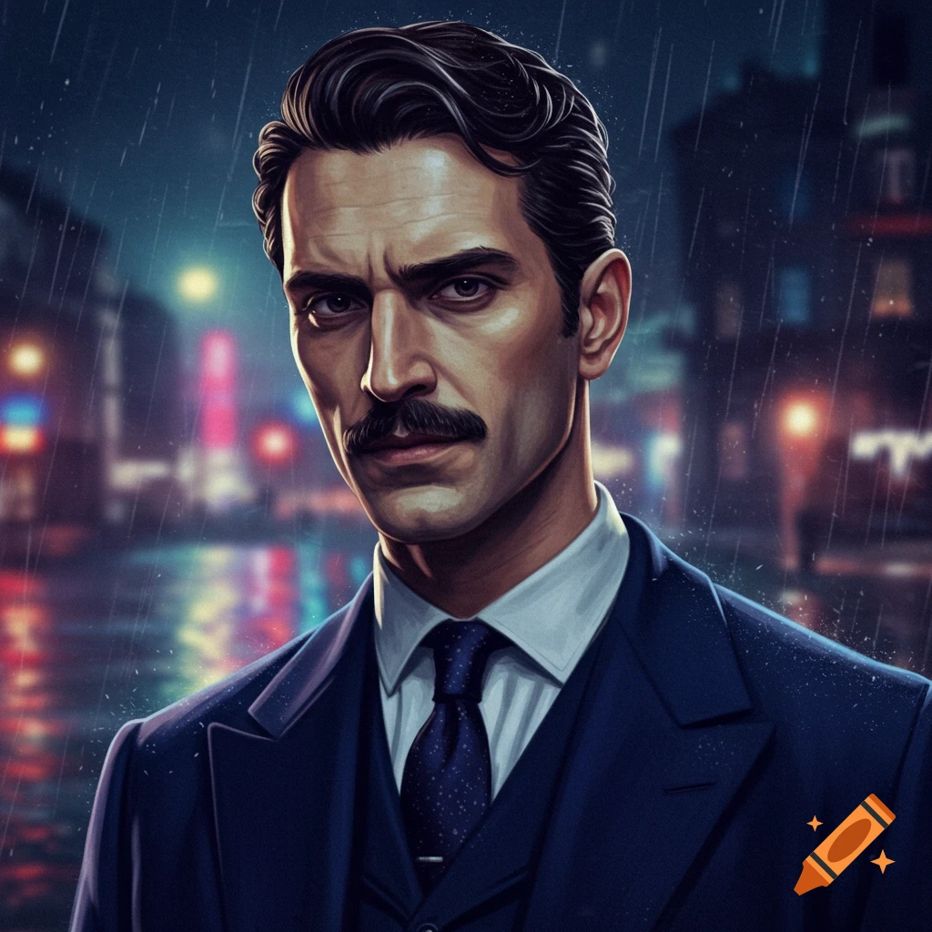 Portrait of a man in a suit with a mustache standing in the rain with blurred city lights.
