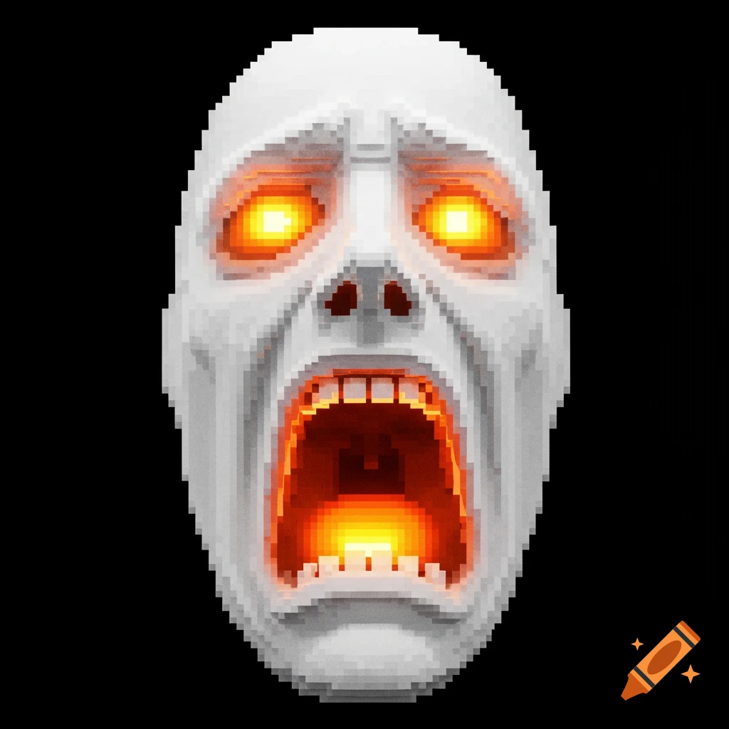 Pixelated white face screaming with glowing orange eyes and mouth on black background.