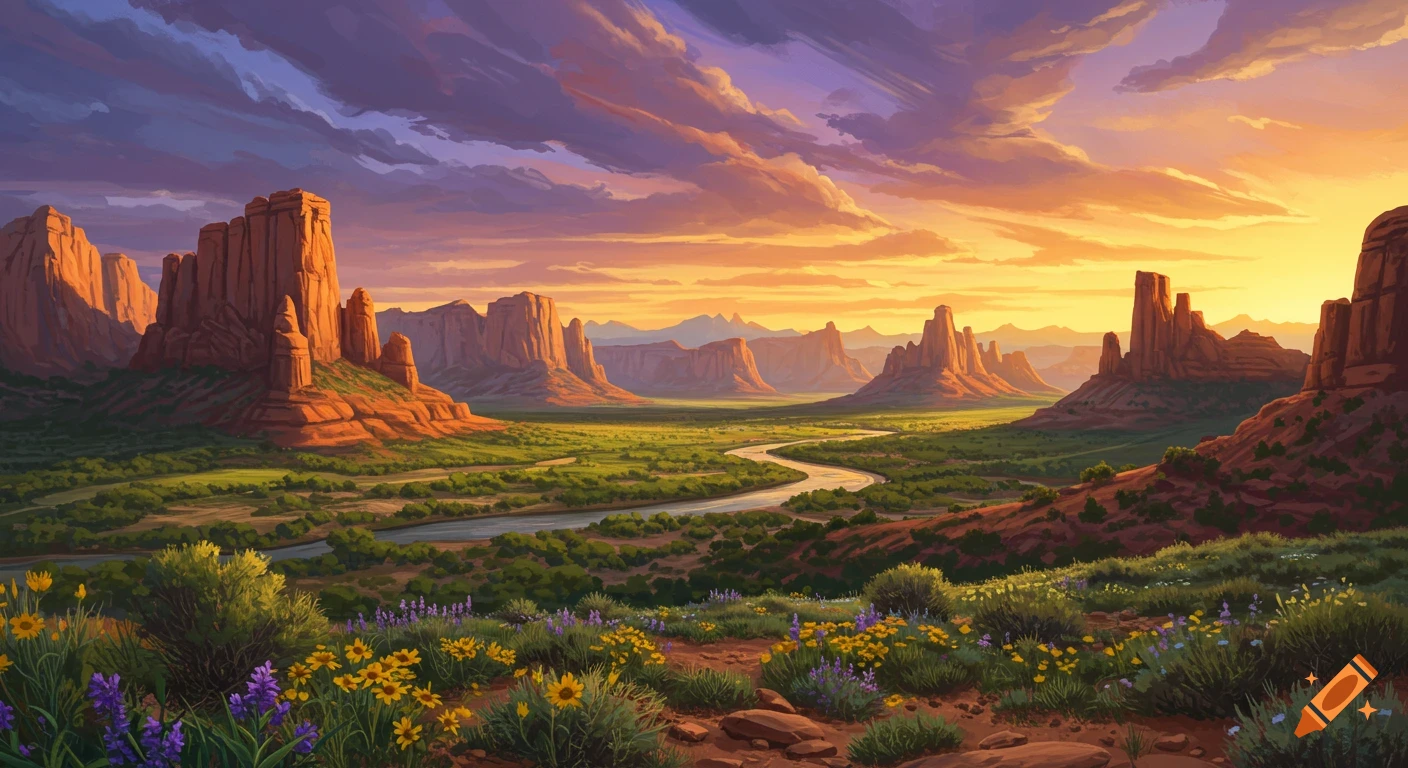 A desert valley with mesas, a winding river, and colorful sunset clouds.