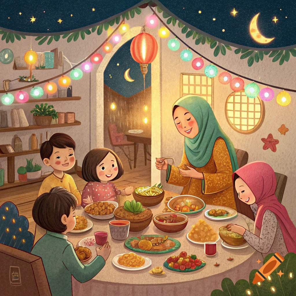 Illustrative scene of a family eating a meal together at night under festive lights and a crescent moon.