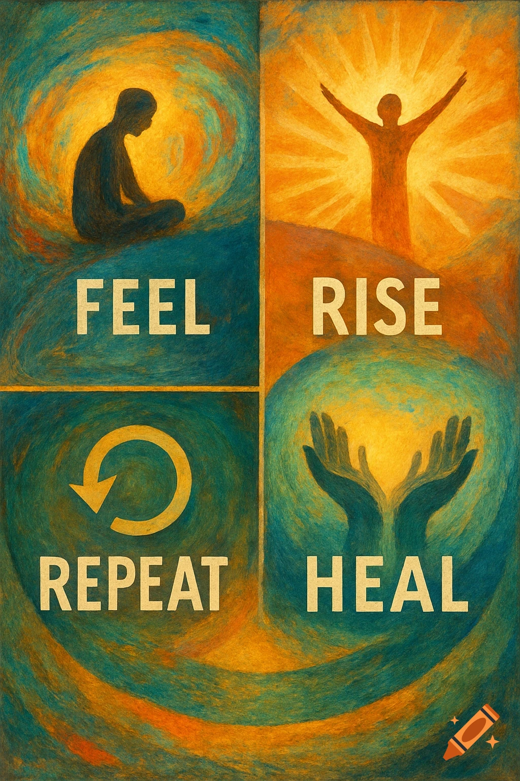 Four panel abstract painting with silhouettes, hands, and words FEEL, RISE, REPEAT, HEAL.