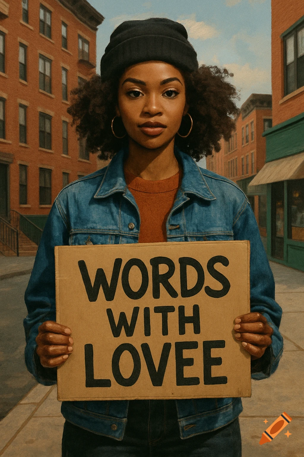 A stylish African American woman in a denim jacket holds a sign saying "WORDS WITH LOVEE" on a Brooklyn street.