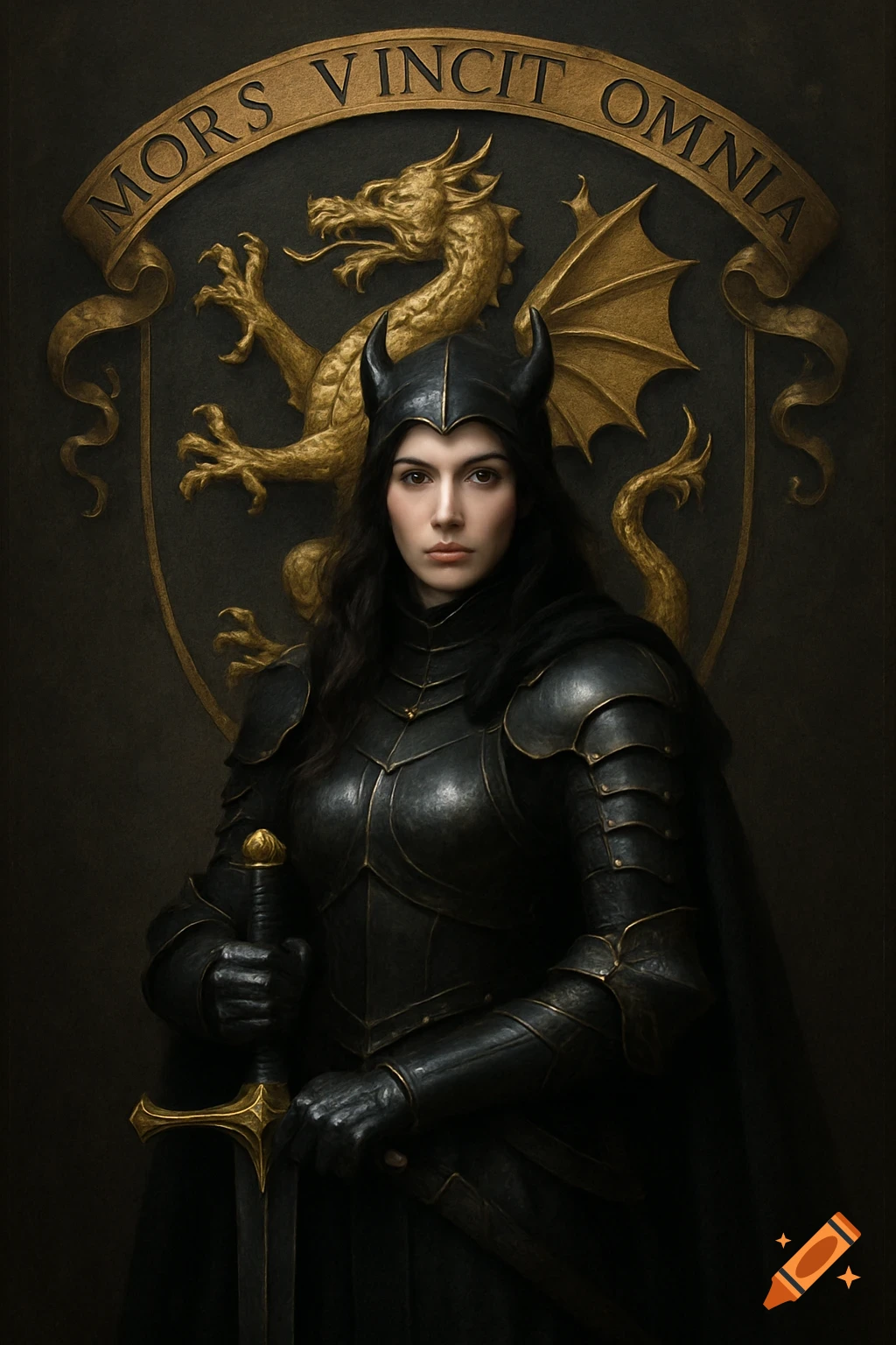 Hyperrealistic photo of a female warrior in black armor with a sword, standing in front of a golden dragon crest with text.