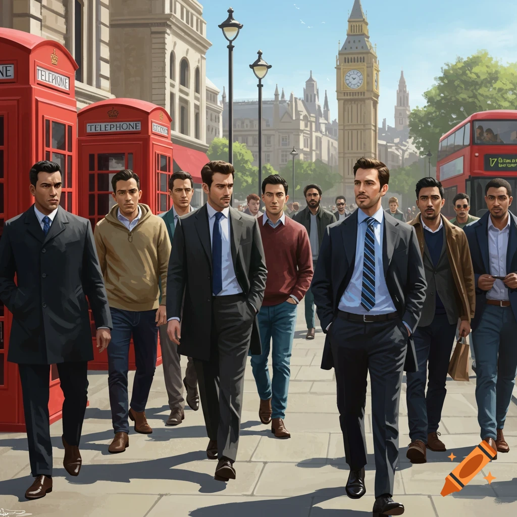 Men walking down a street in London with red phone booths, a double-decker bus, and Big Ben.