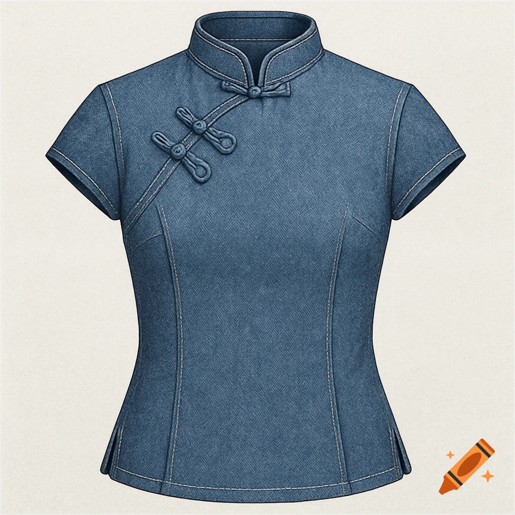 Illustration of a blue denim cheongsam-style top with frog closures