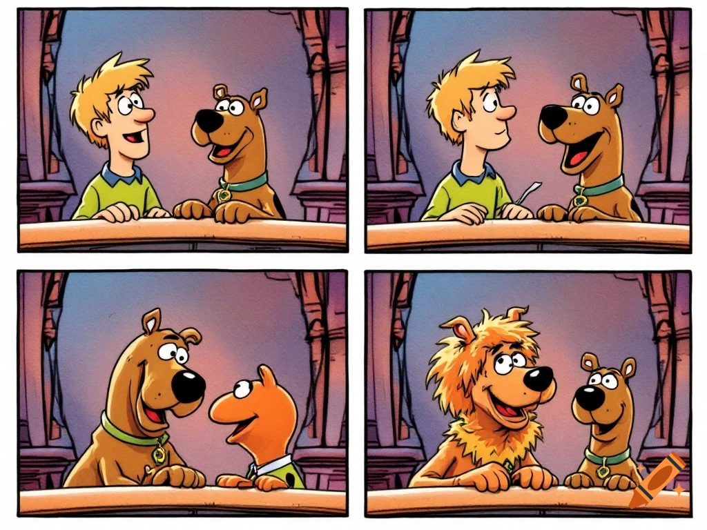 A four-panel comic strip featuring characters resembling Shaggy, Scooby-Doo, and Muppets on a stage.