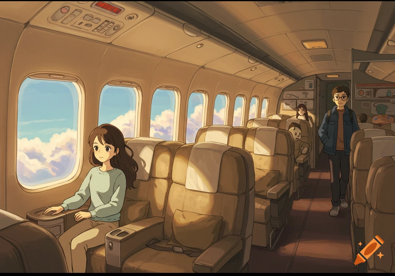 Anime style illustration of people sitting in a plane cabin looking out the windows.