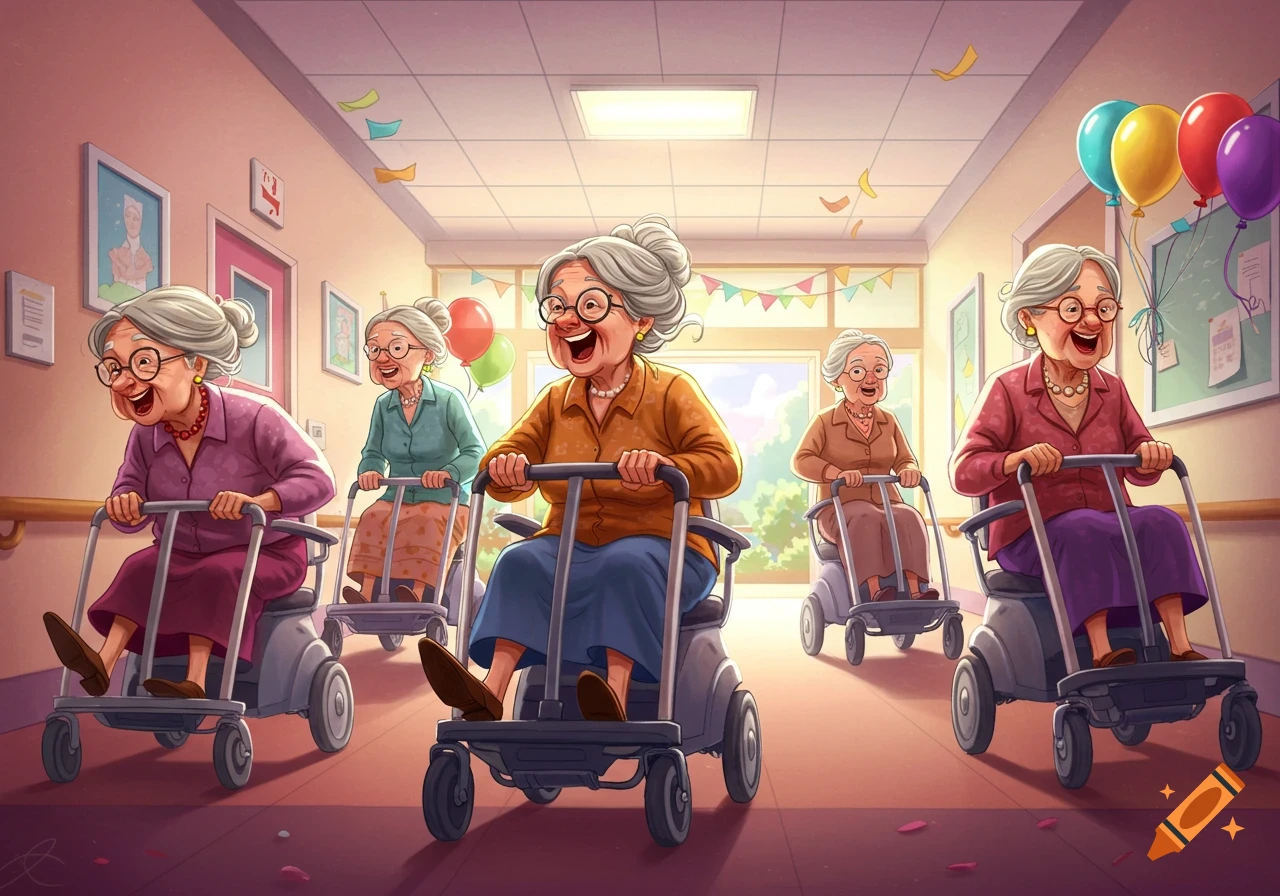 Several elderly women race down a hallway on mobility carts, smiling.