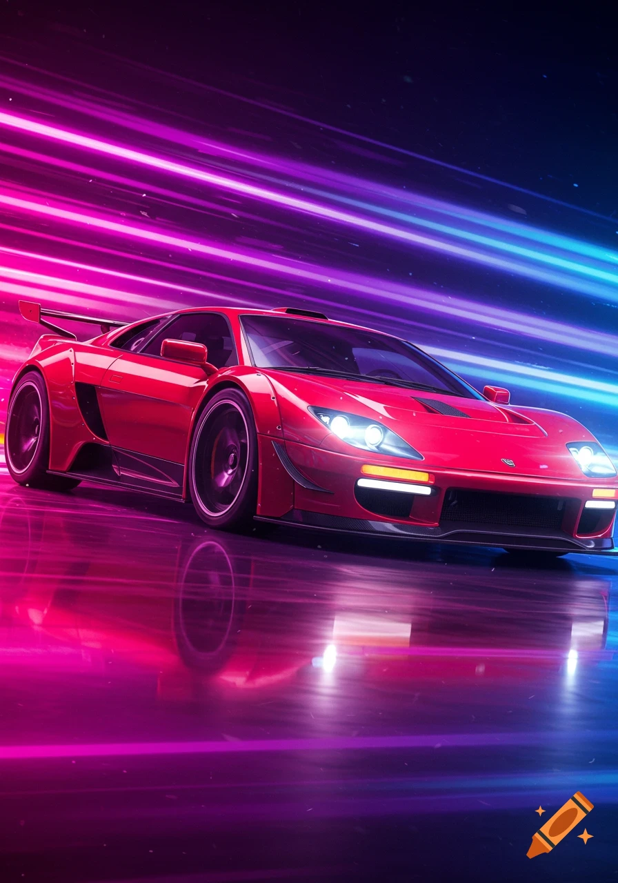 Red sports car with pink and blue light trails.