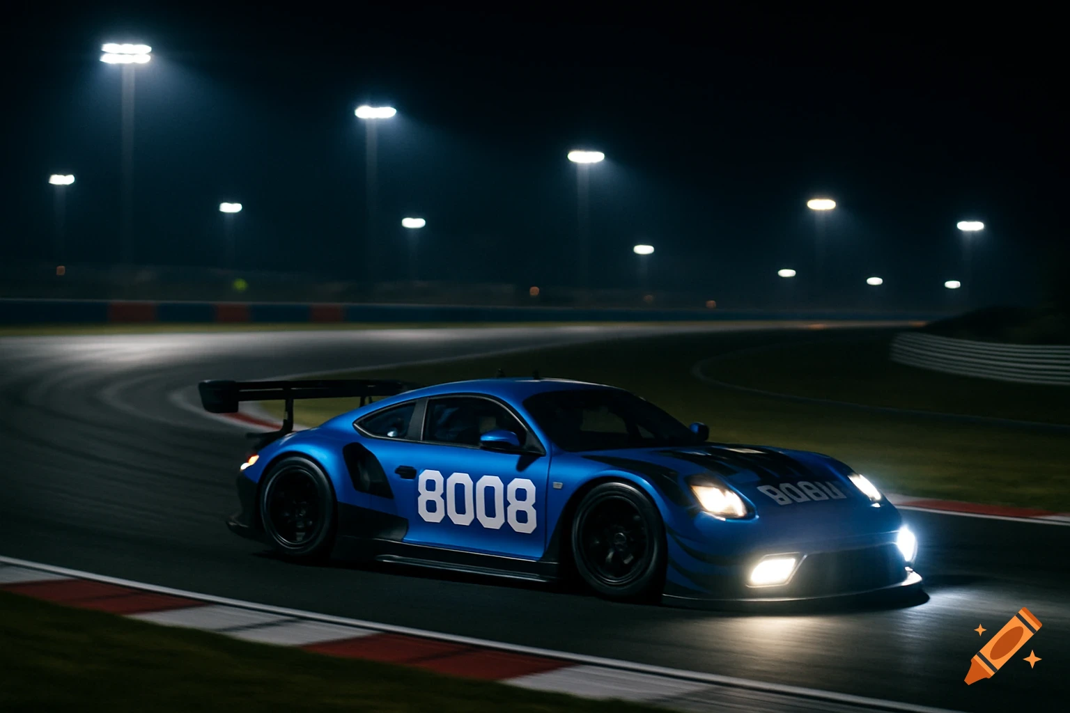 A blue race car with the number 8008 races on a track at night.