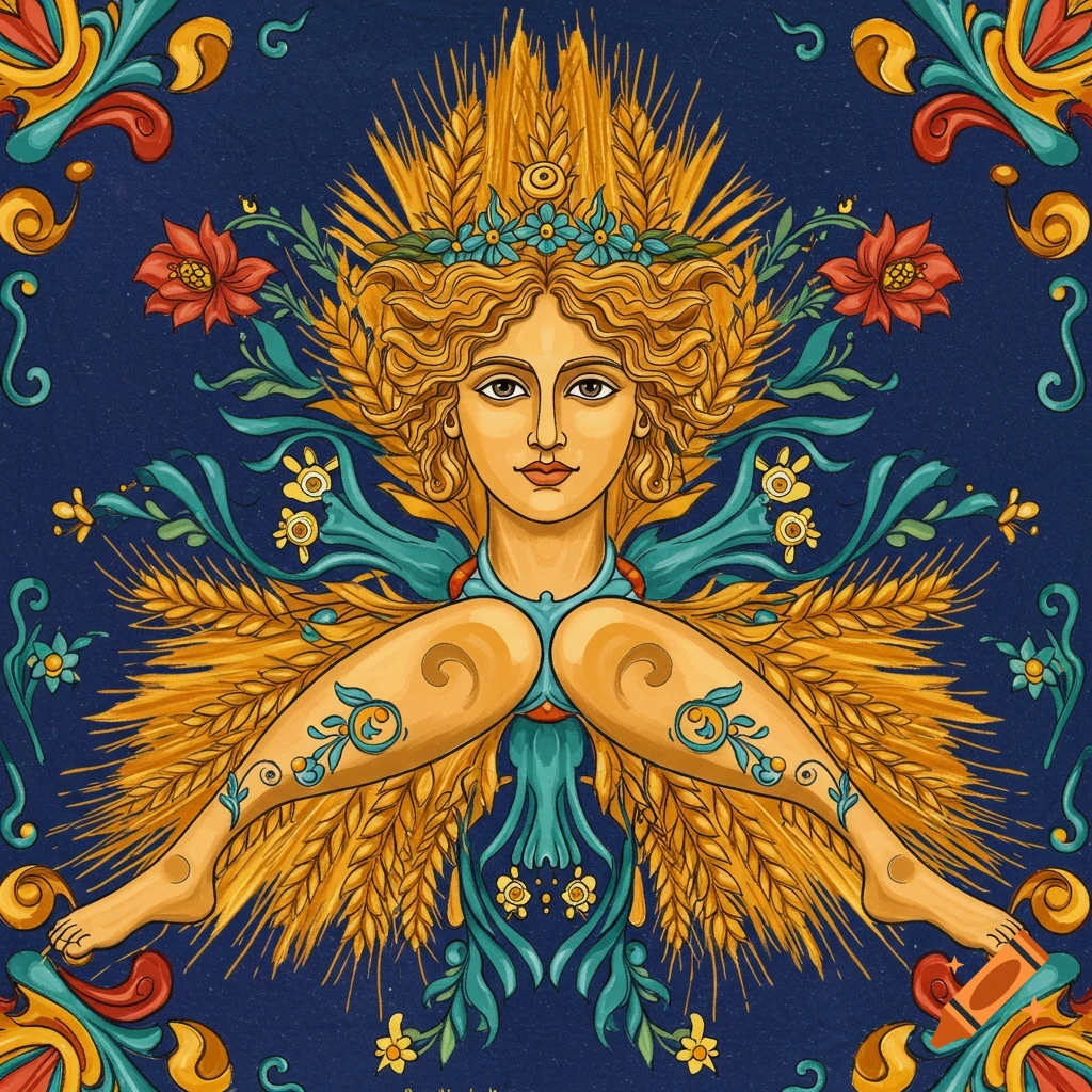 A figure with a woman's head and legs radiates outwards, surrounded by wheat and floral designs on a dark blue background.