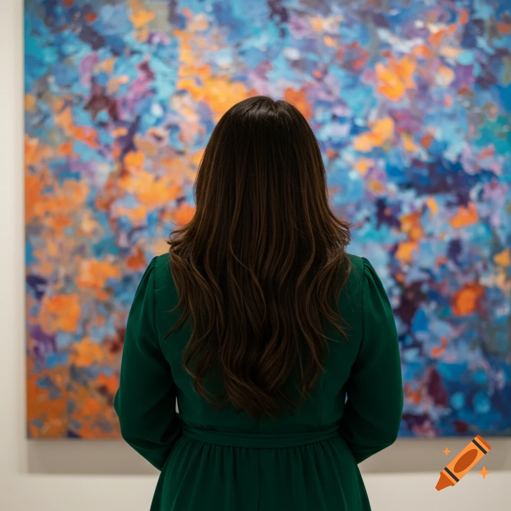 Back of a woman viewing a colorful abstract painting in a gallery.