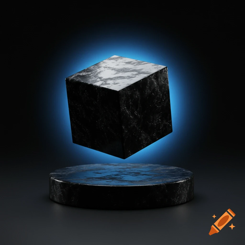 A black textured cube floats above a round pedestal, illuminated by a faint blue glow against a dark background.
